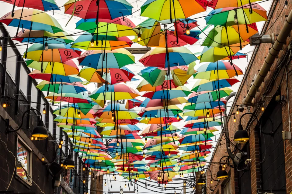 Colorful umbrellas over an alleyway in RiNo Arts District, Denver, Colorado